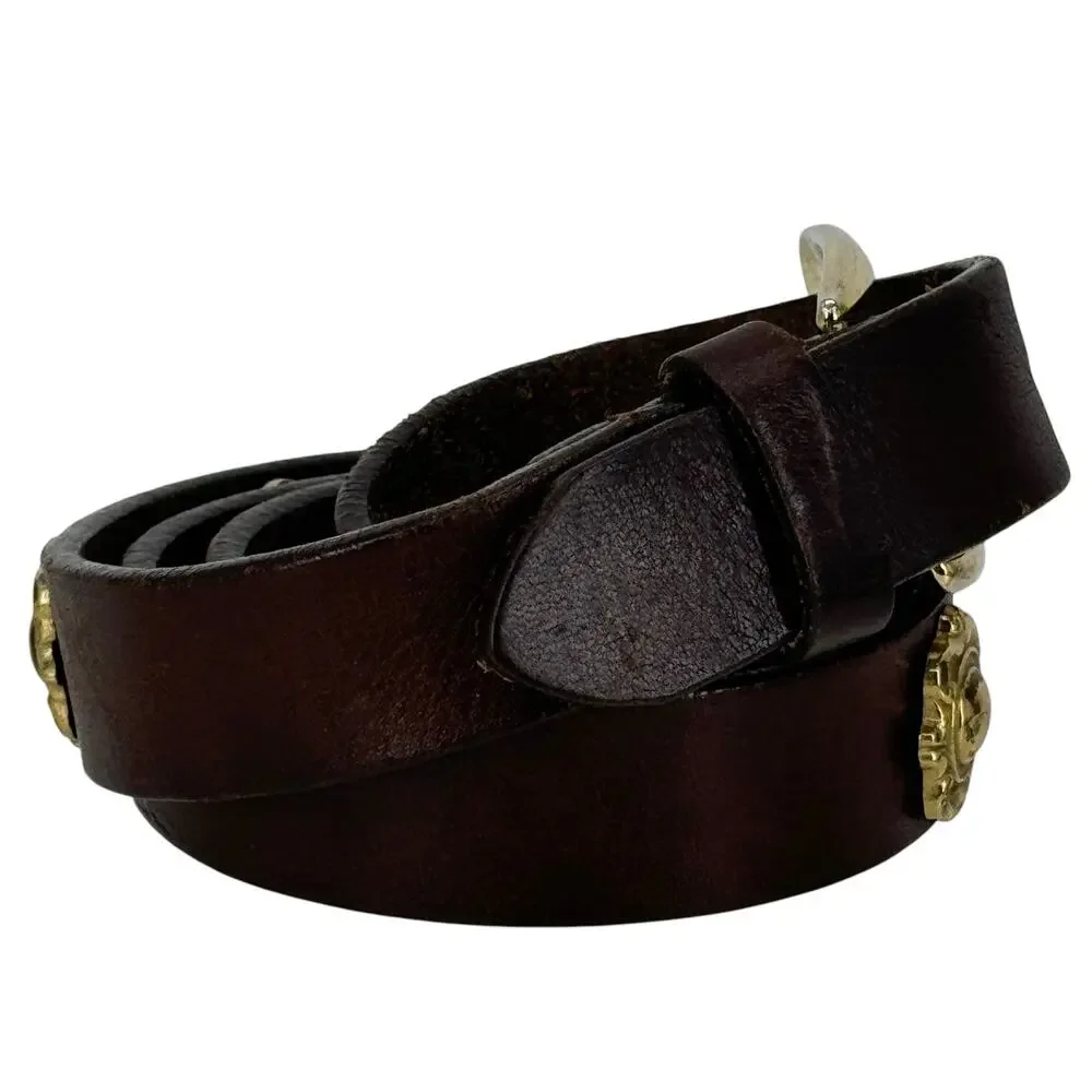 Vintage Donna Katz Women’s Skinny Belt SZ L Brown Medallion Bold 80s Unique Mod